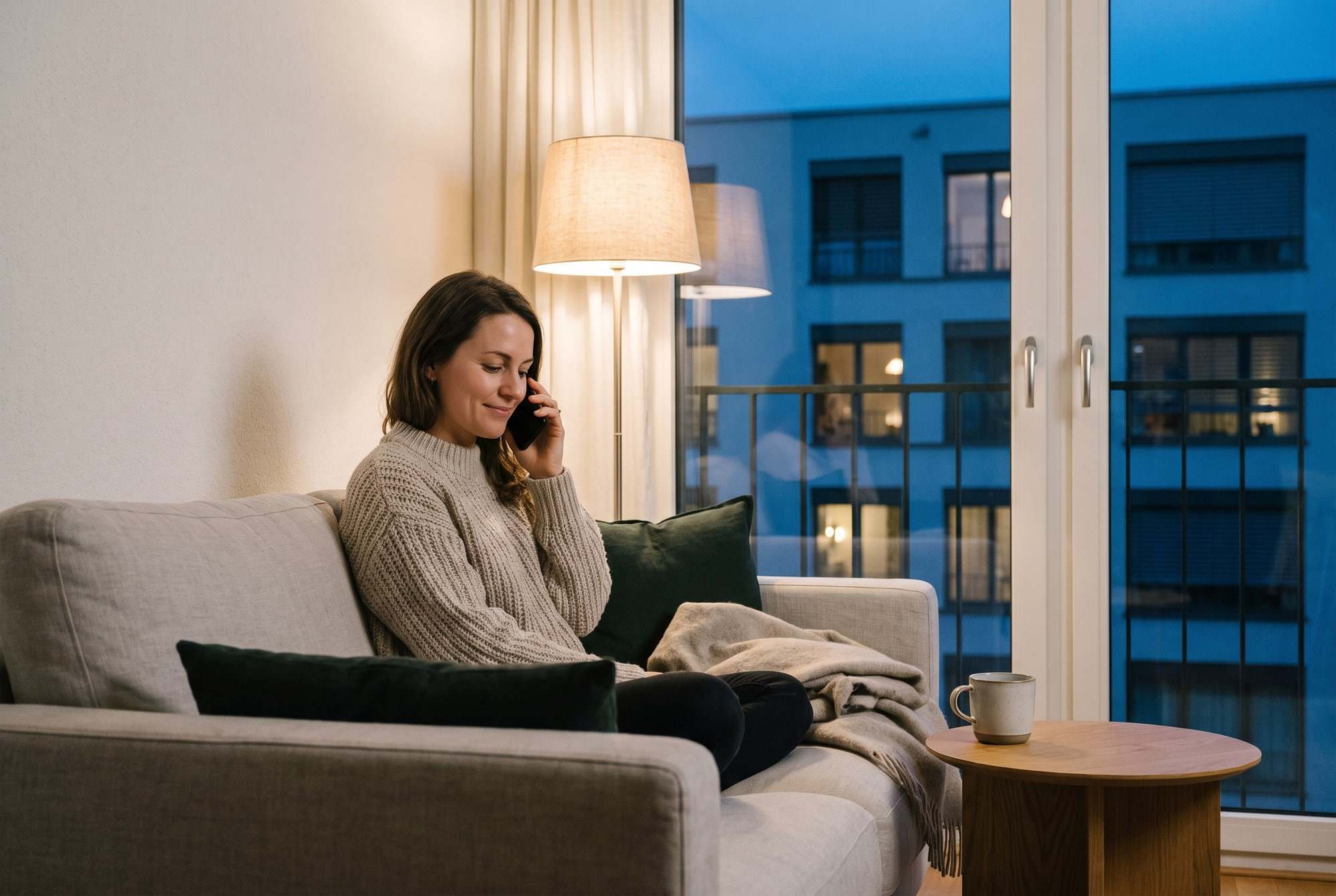 Femme souriante au téléphone le soir, à la lumière d’une lampe