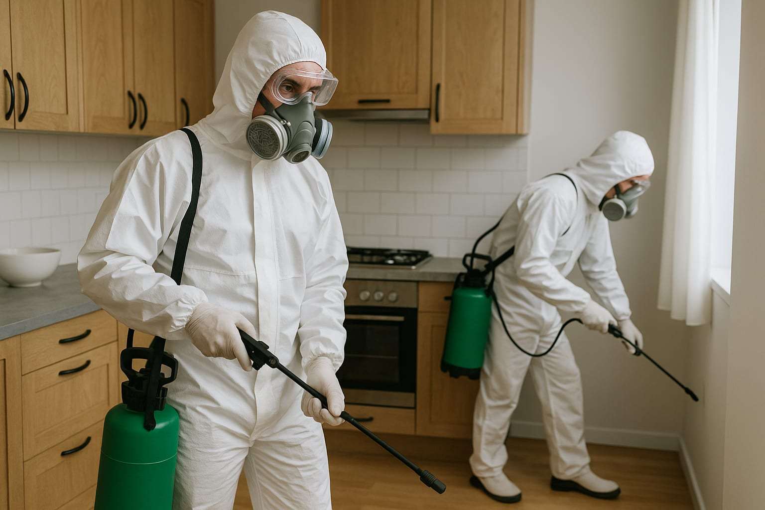 Techniciens en combinaison et masque de protection traitant une cuisine
