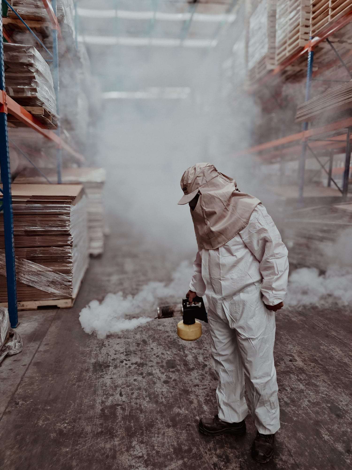 Technicien en tenue de protection nébulisant un produit dans un entrepôt