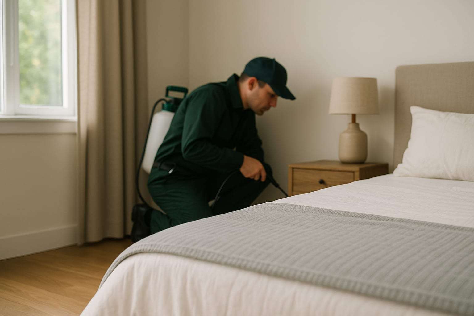 Technicien à genoux traitant les bords d’une chambre