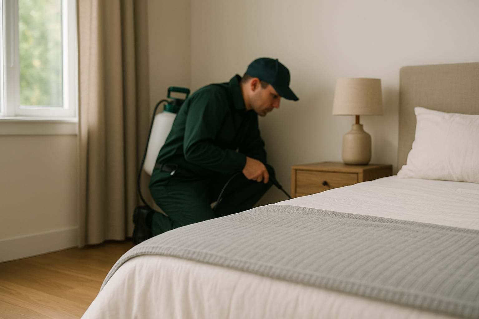 Technicien à genoux traitant les bords d’une chambre