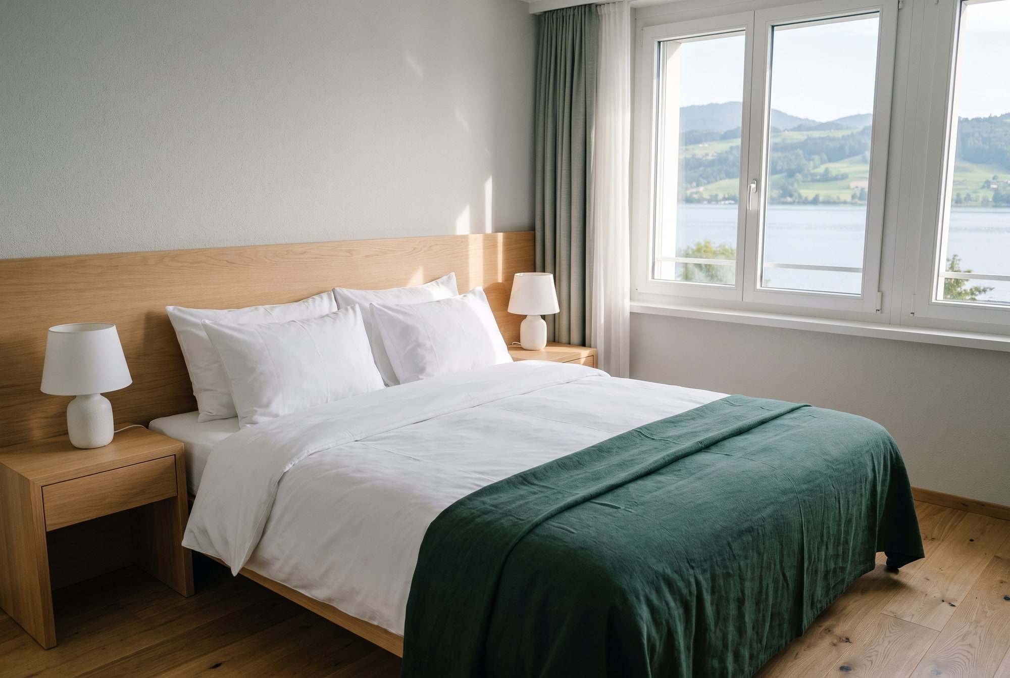 Chambre d’hôtel claire avec un grand lit et une vue sur un lac