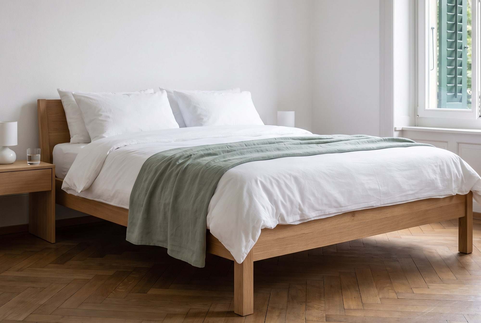 Chambre calme avec un lit fraîchement fait